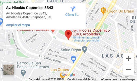 Avenida N. Copérnico No. 3343, Arboledas, Zapopan, Jalisco.
